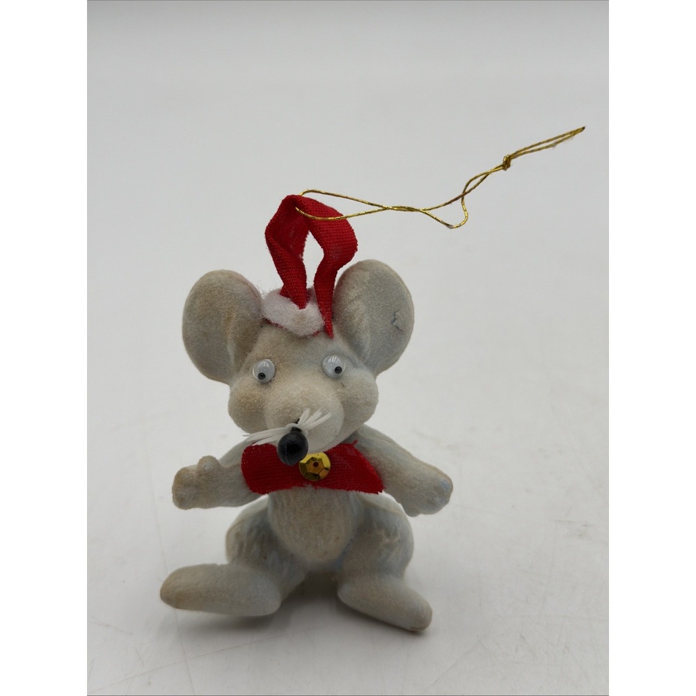 VINTAGE 70's FLOCKED FELT RED MOUSE 4 INCH TALL GOOGLY EYES AND SANTA HAT